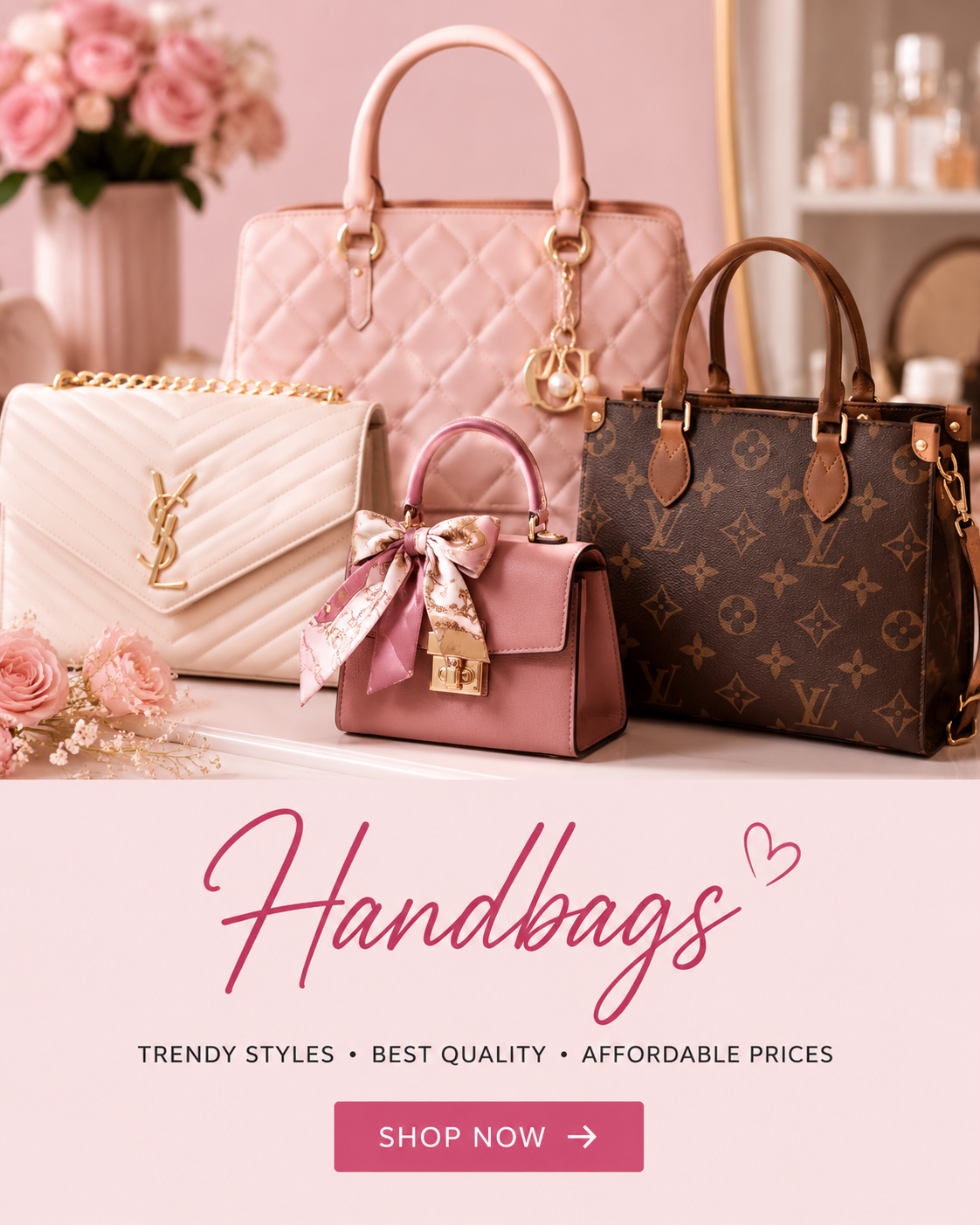 Cute and Gurly handbags in pink, cream and brown styles